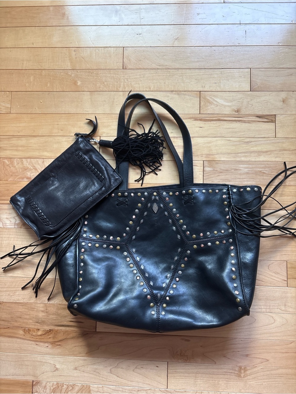 Black Studded Fringe Leather Tote with Wristlet